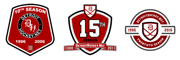 A timeline of DetroitHockey.Net's anniversary season logos. Tenth season (2005-06), fifteenth season (2010-11), and twentieth season (2015-16).